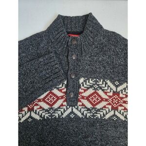 IZOD Men's L Gray Red White Fair‎ Isle Nordic 1/3 Button Thick Knit Ski Sweater